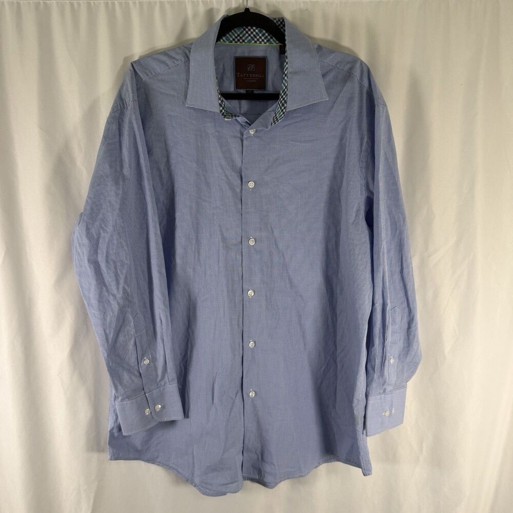 Tattersall Dress Shirt Men's XL 17 32/33 Blue Plaid Button Up Collared Long Slv